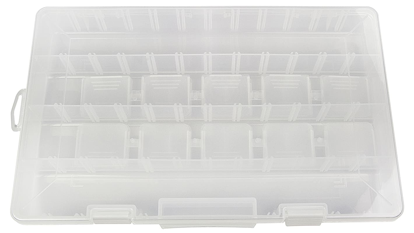 RS PRO 23格零件收纳盒, 355.6mm x 47.63mm x 228.6mm, 可调储物格, 带透明盖板, PP