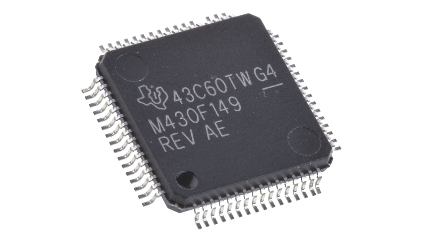 Microcontrolador Texas Instruments MSP430F149IPM, núcleo MSP430 de 16bit, RAM 2 kB, 8MHZ, LQFP de 64 pines