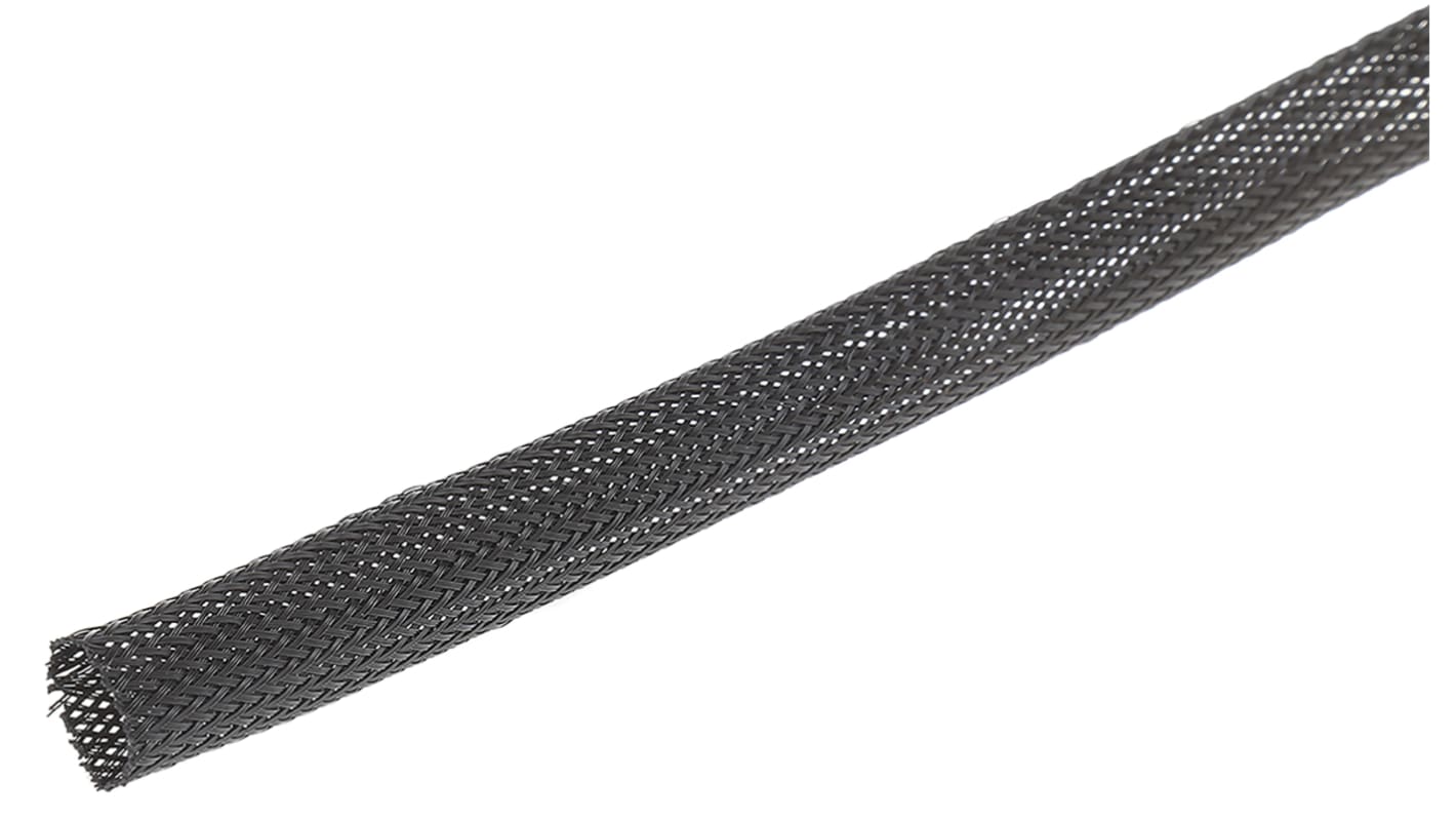 SES Sterling Expandable Braided PET Black Cable Sleeve, 12mm Diameter, 50m Length