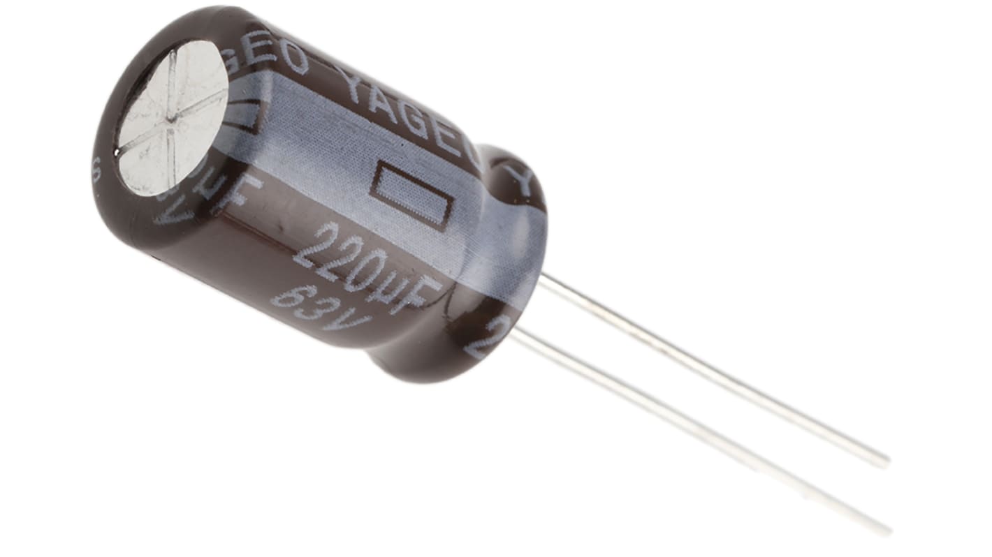 Yageo 220μF铝电解电容, SE系列, 63V 直流, 通孔安装, 10 (Dia.) x 15mm, 最高+105°C