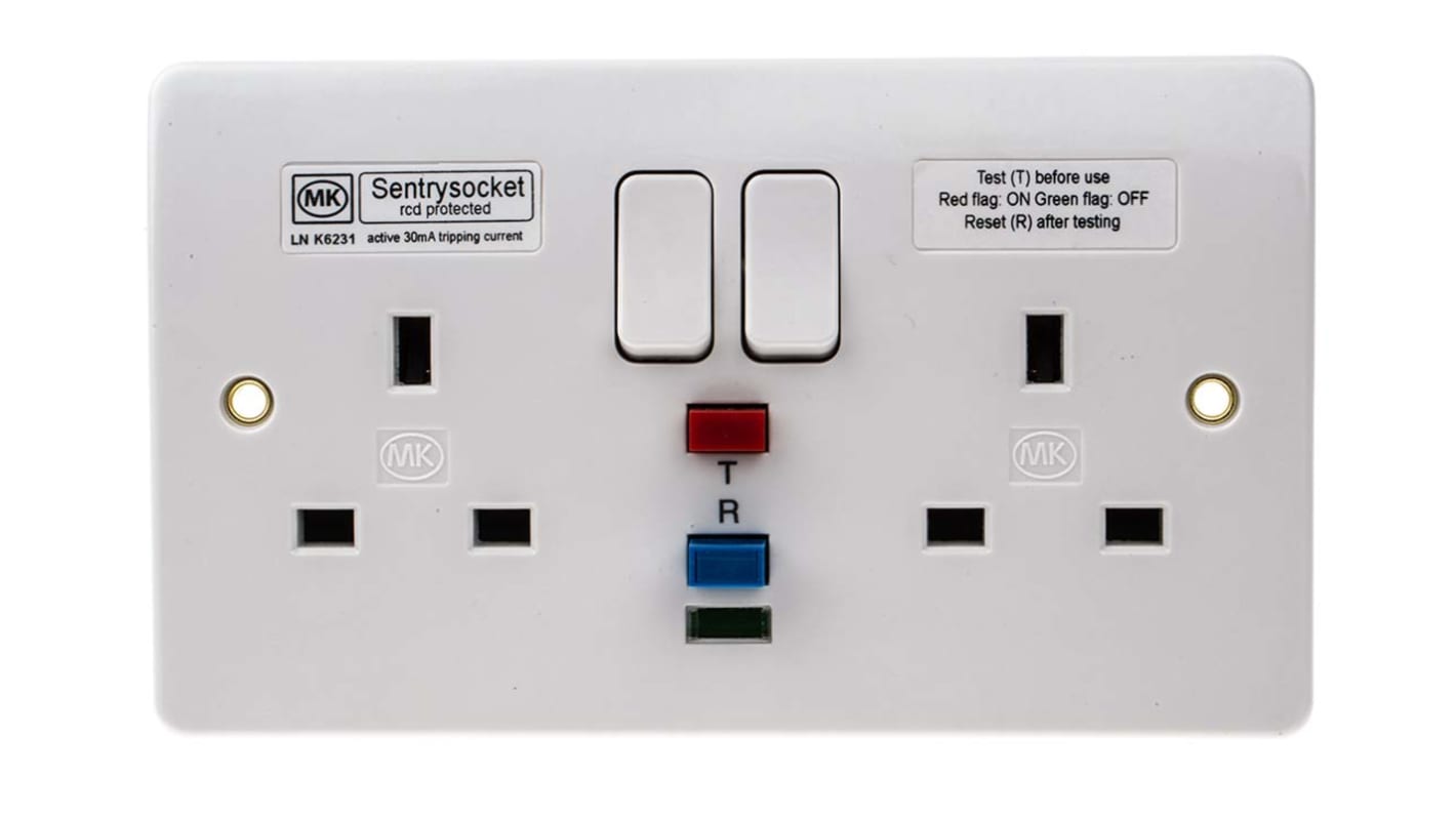 MK Electric Logic Plus 13A, BS Fixing, Active, 2 Gang RCD Socket, Flush Mount , Switched, IP2XD, 240 V ac, White