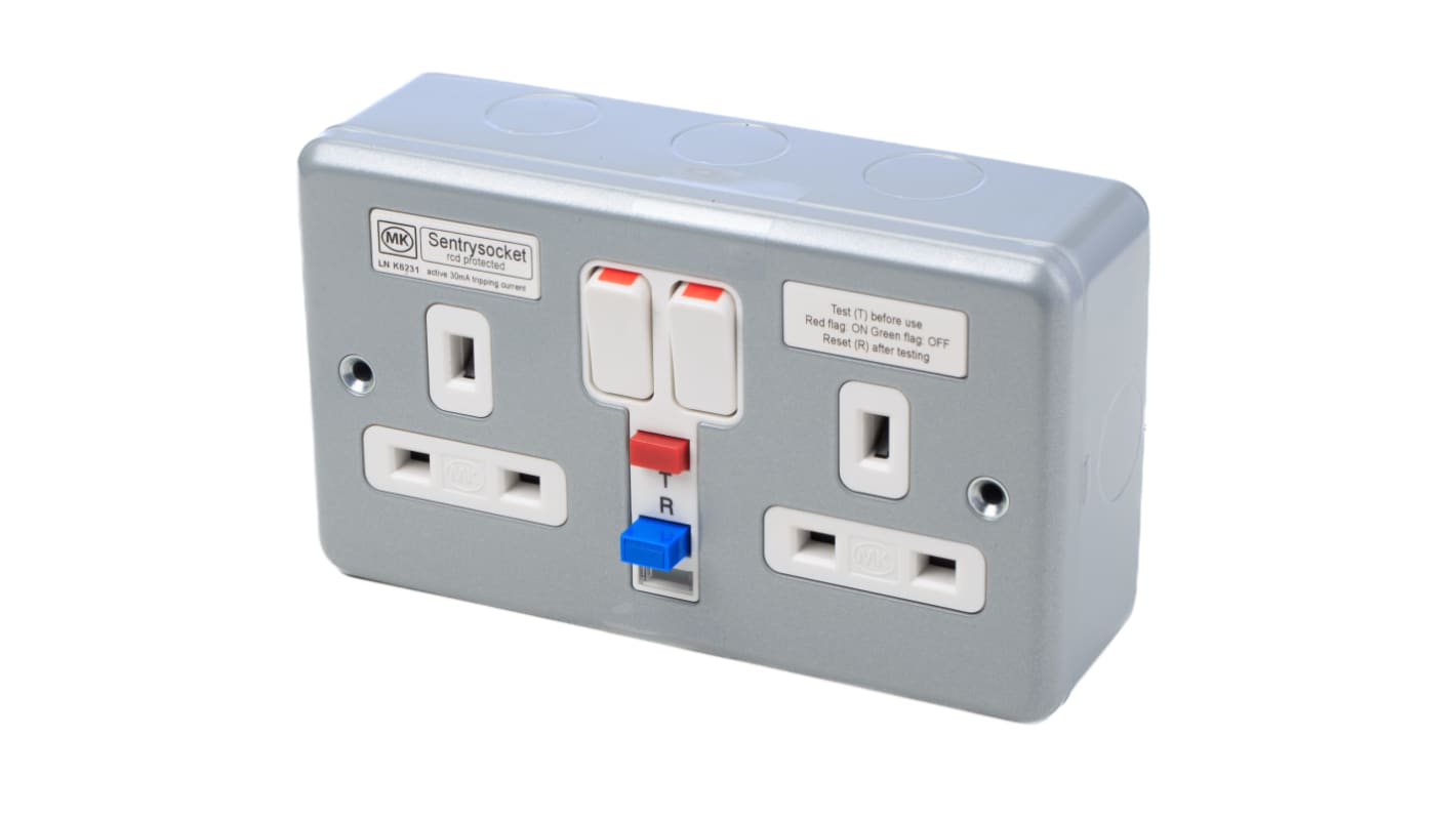 MK Electric 13A, BS Fixing, Active, 2 Gang RCD Socket, Steel, Surface Mount , Switched, 250 V ac, Grey