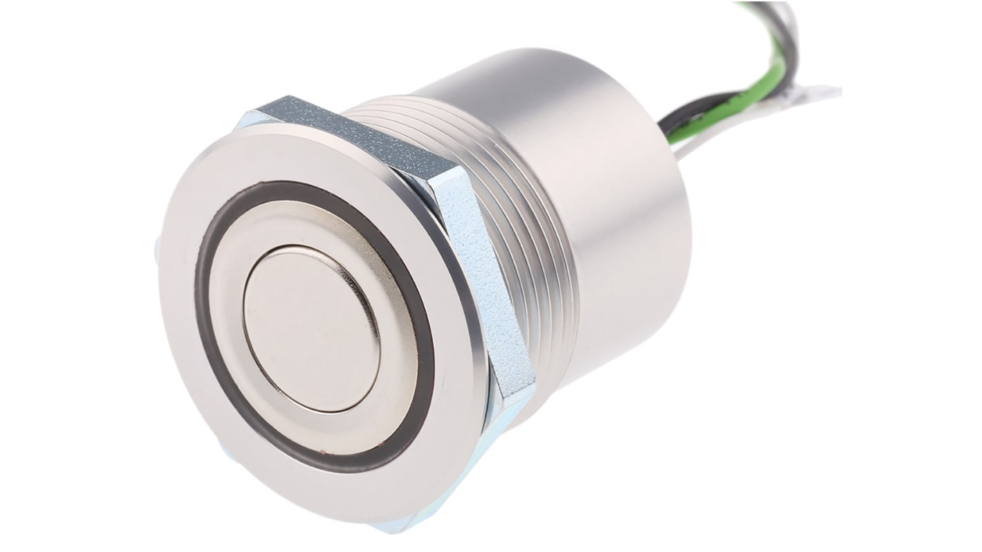 Schurter MCS 30 Series Illuminated Push Button Switch, Latching, Panel Mount, 30mm Cutout, SPST, Green LED, 48V dc