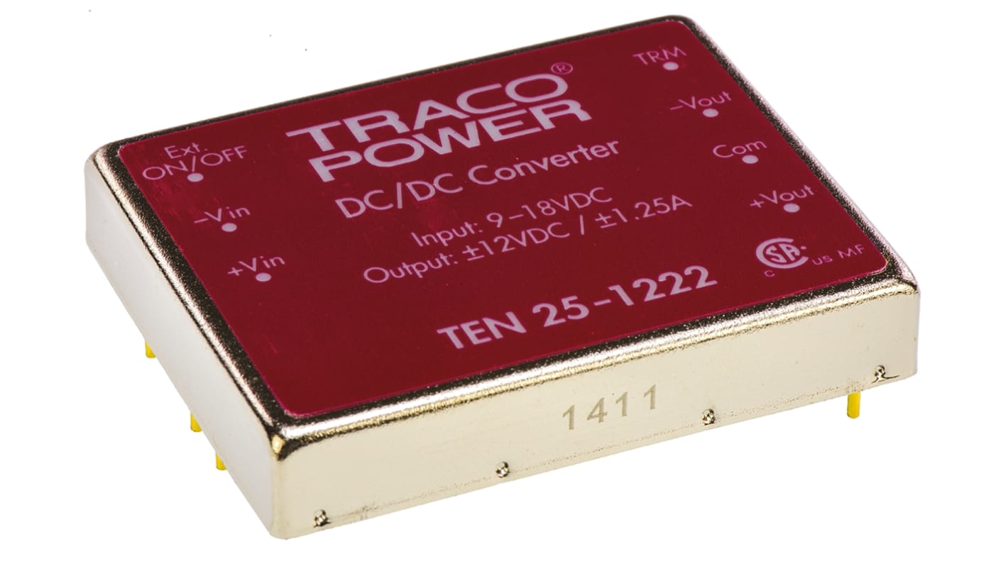 TRACOPOWER TEN 25 DC-DC Converter, ±12V dc/ ±1.25A Output, 9 → 18 V dc Input, 25W, Through Hole, +85°C Max Temp