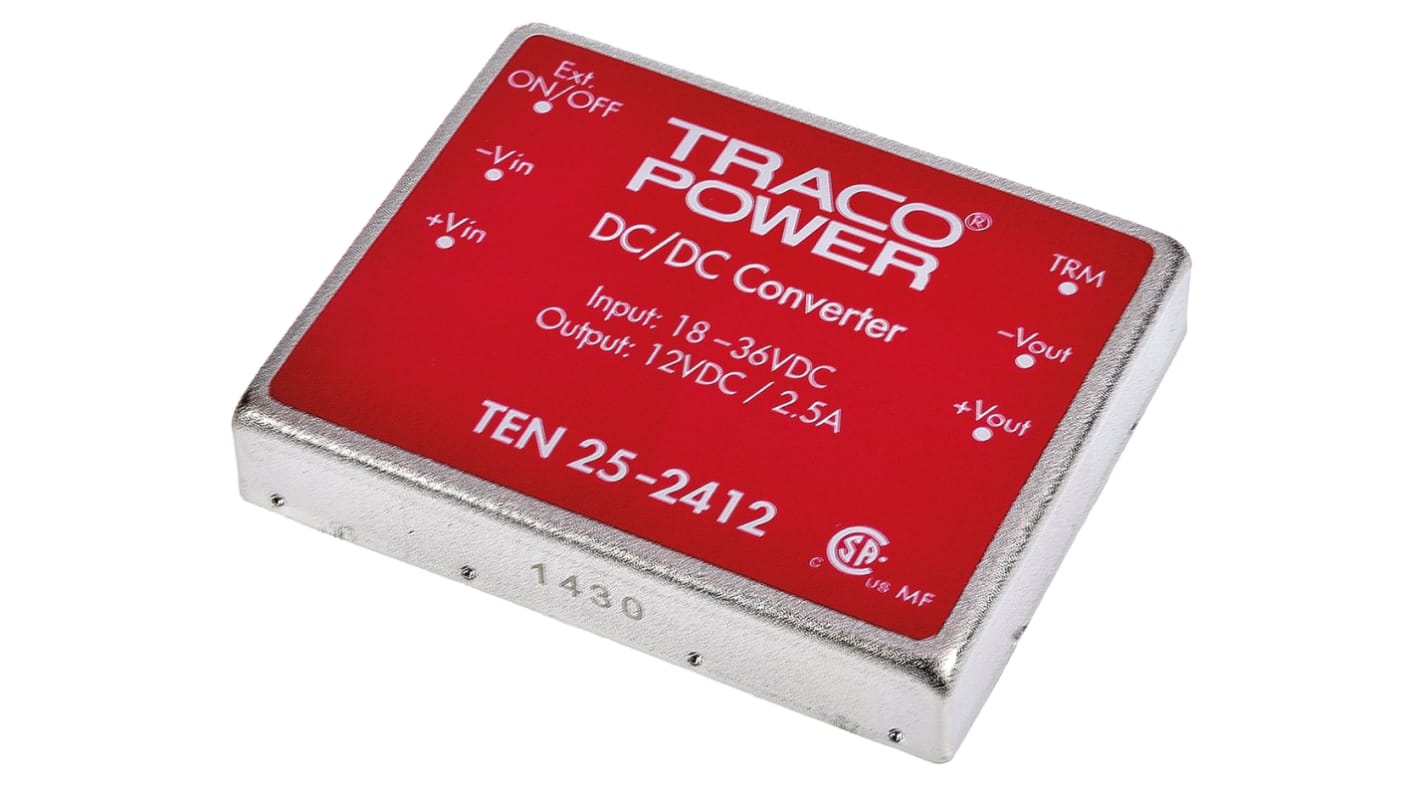 TRACOPOWER TEN 25 DC-DC Converter, 12V dc/ 2.5A Output, 18 → 36 V dc Input, 25W, Through Hole, +85°C Max Temp