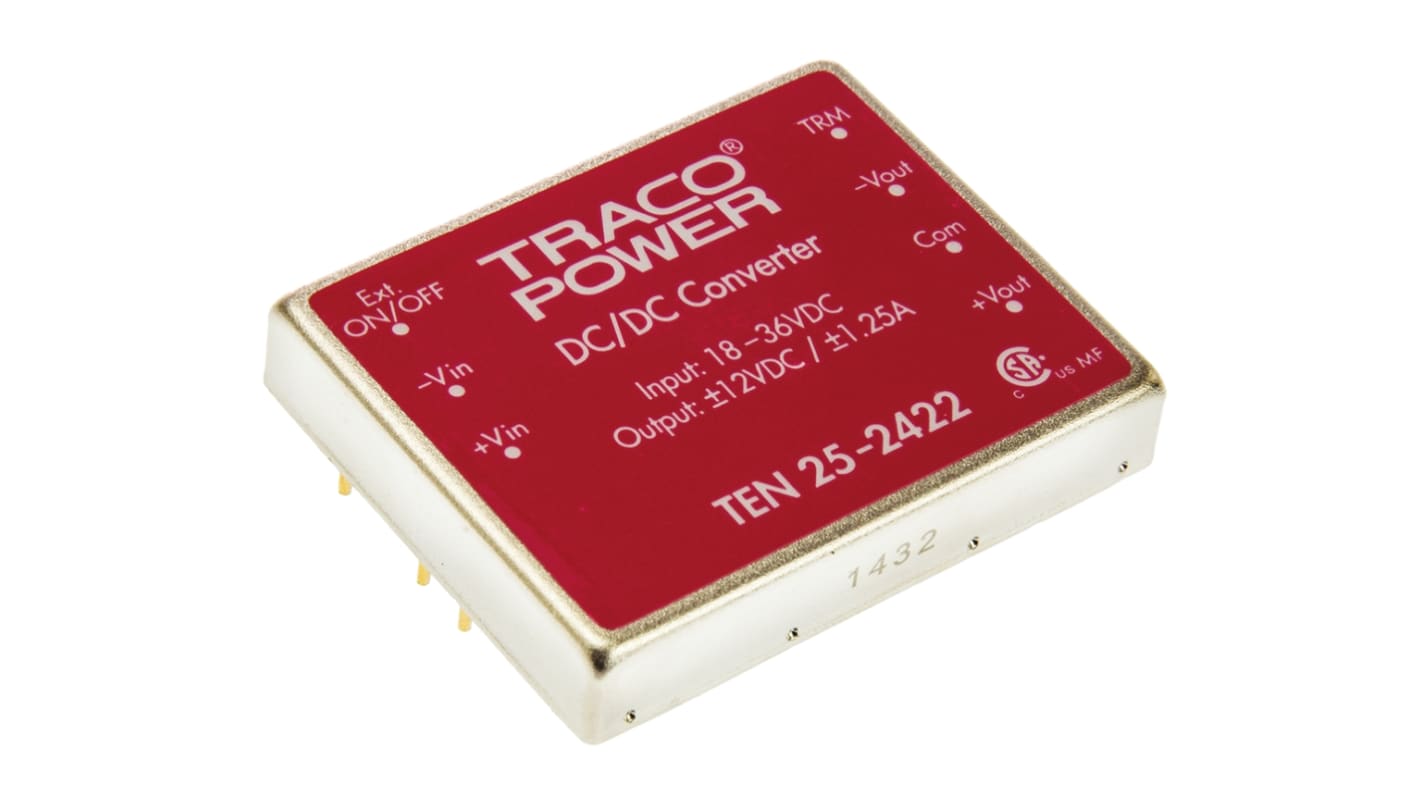 TRACOPOWER TEN 25 DC-DC Converter, ±12V dc/ ±1.25A Output, 18 → 36 V dc Input, 25W, Through Hole, +85°C Max Temp