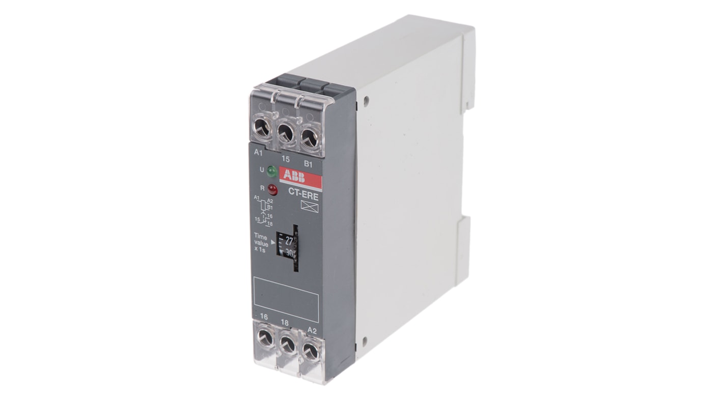 ABB 1SVR Series DIN Rail Mount Timer Relay, 200 → 240 V ac, 24V ac/dc, 1-Contact, 0.3 → 30s, 1-Function,