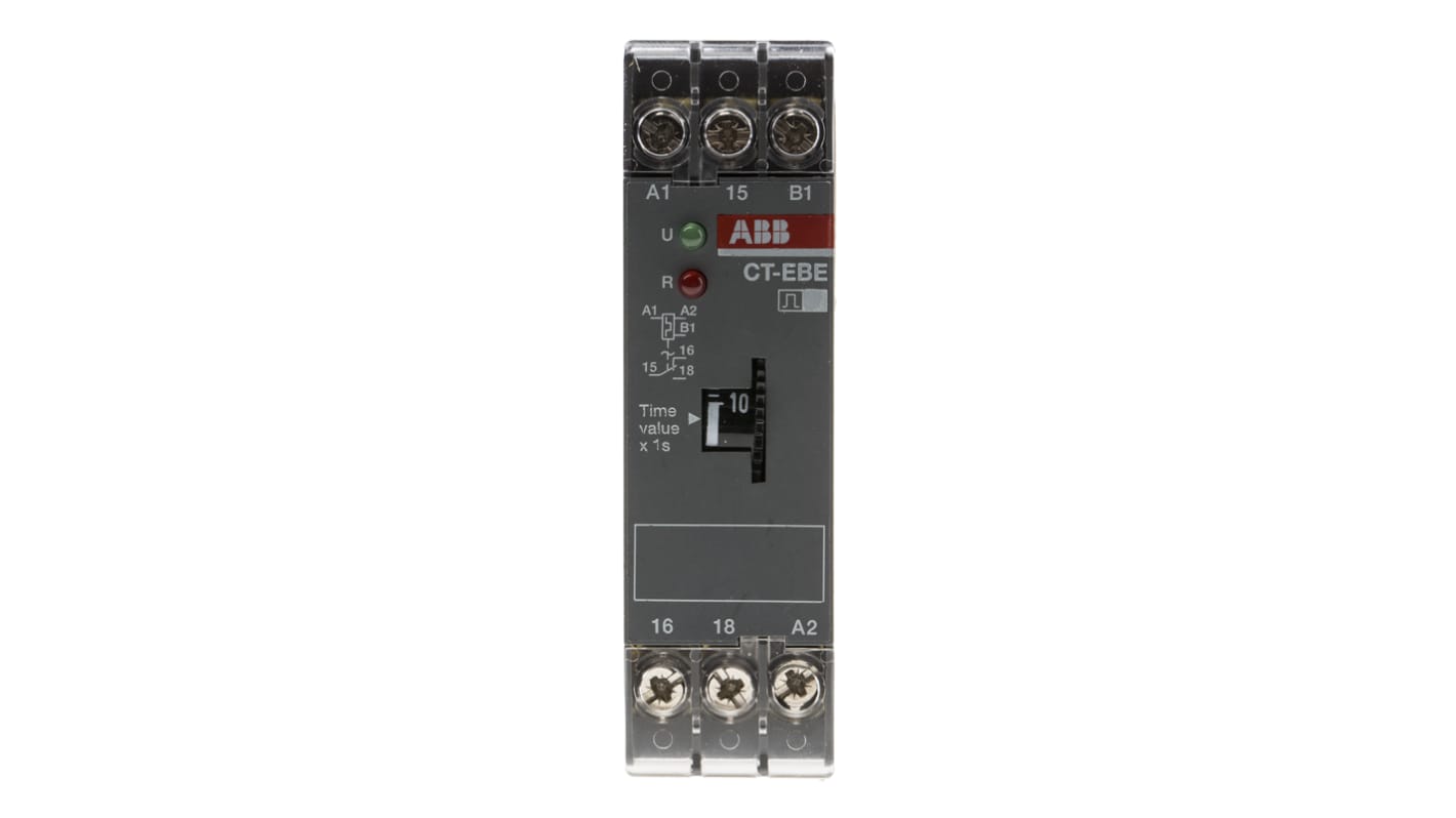 ABB 1SVR Series DIN Rail Mount Timer Relay, 200 → 240 V ac, 24V ac/dc, 1-Contact, 0.1 → 10s, 1-Function,
