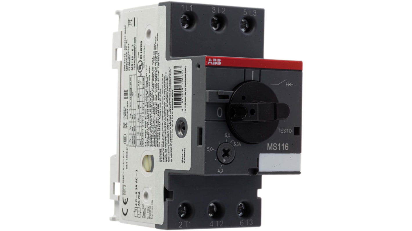 ABB 电机保护断路器, 6.3 A, 螺钉接线端子, MS116系列