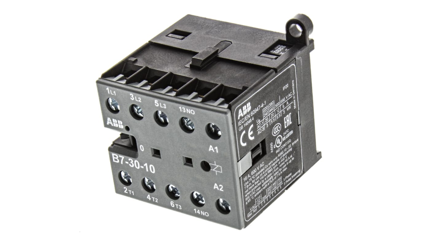 Contactor ABB B7 B de 3 polos, 3 NA, 20 A, bobina 230 V ac, 5,5 kW