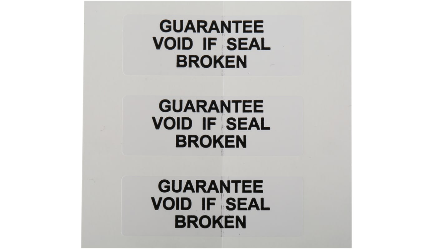 RS PRO 文字标签贴纸, 预印"Guarantee Broken", 黑色字白色底, 38mm长 x 12.7mm宽, 180件装