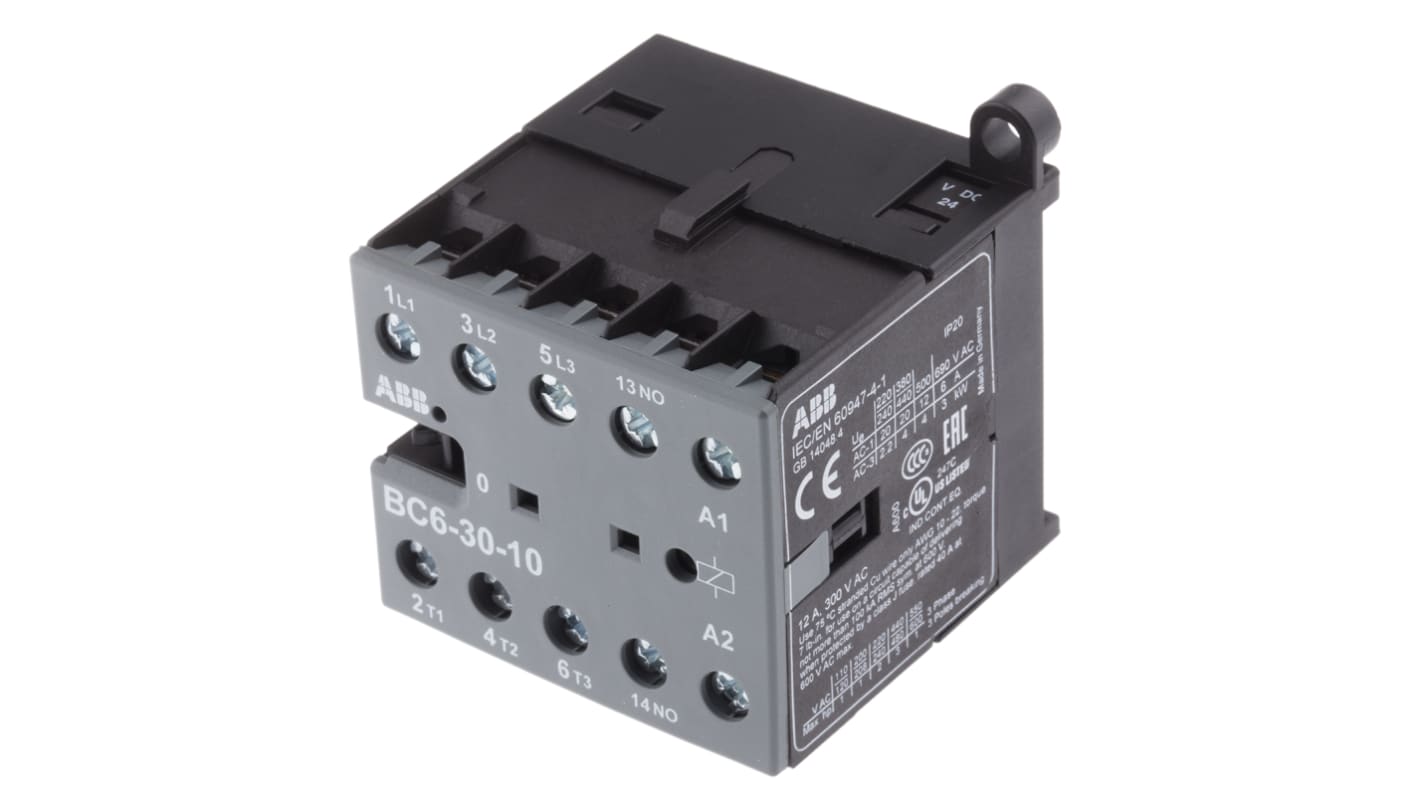 Contattore ABB, serie B, 3 poli, 3 NA, 20 A, 4 kW, bobina 24 V c.c.