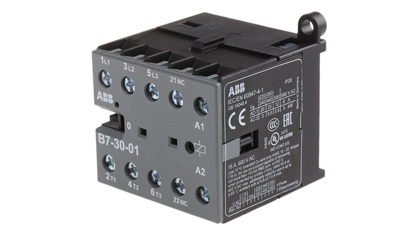 ABB 接触器, 5.5 kW, 线圈230 V 交流, 触点20 A, 690 V 交流, 3P, 3 常开, B系列
