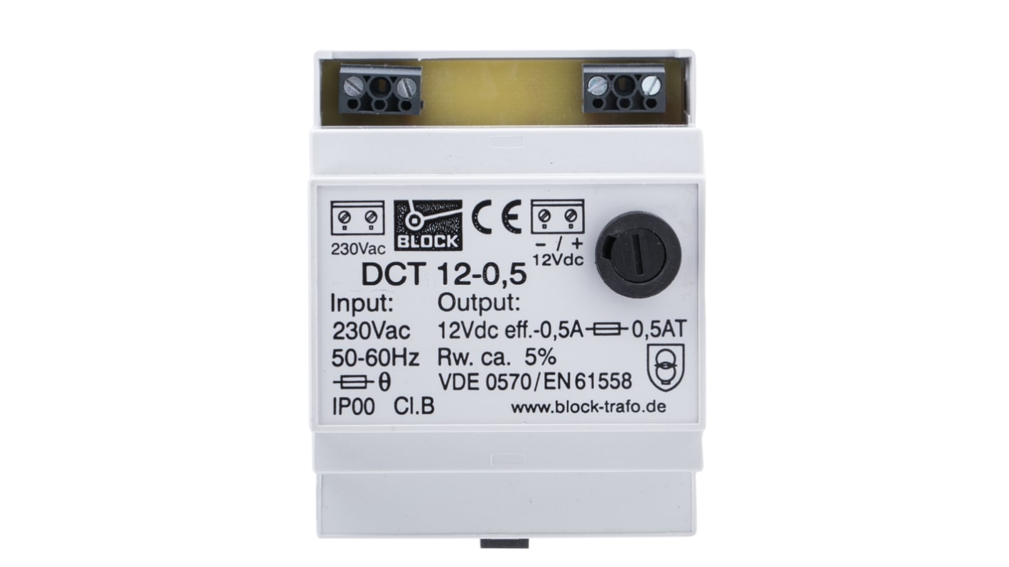 Block 线性导轨电源, 12V 直流 500mA输出, 6W, 230V 交流输入, 单相, DCT系列
