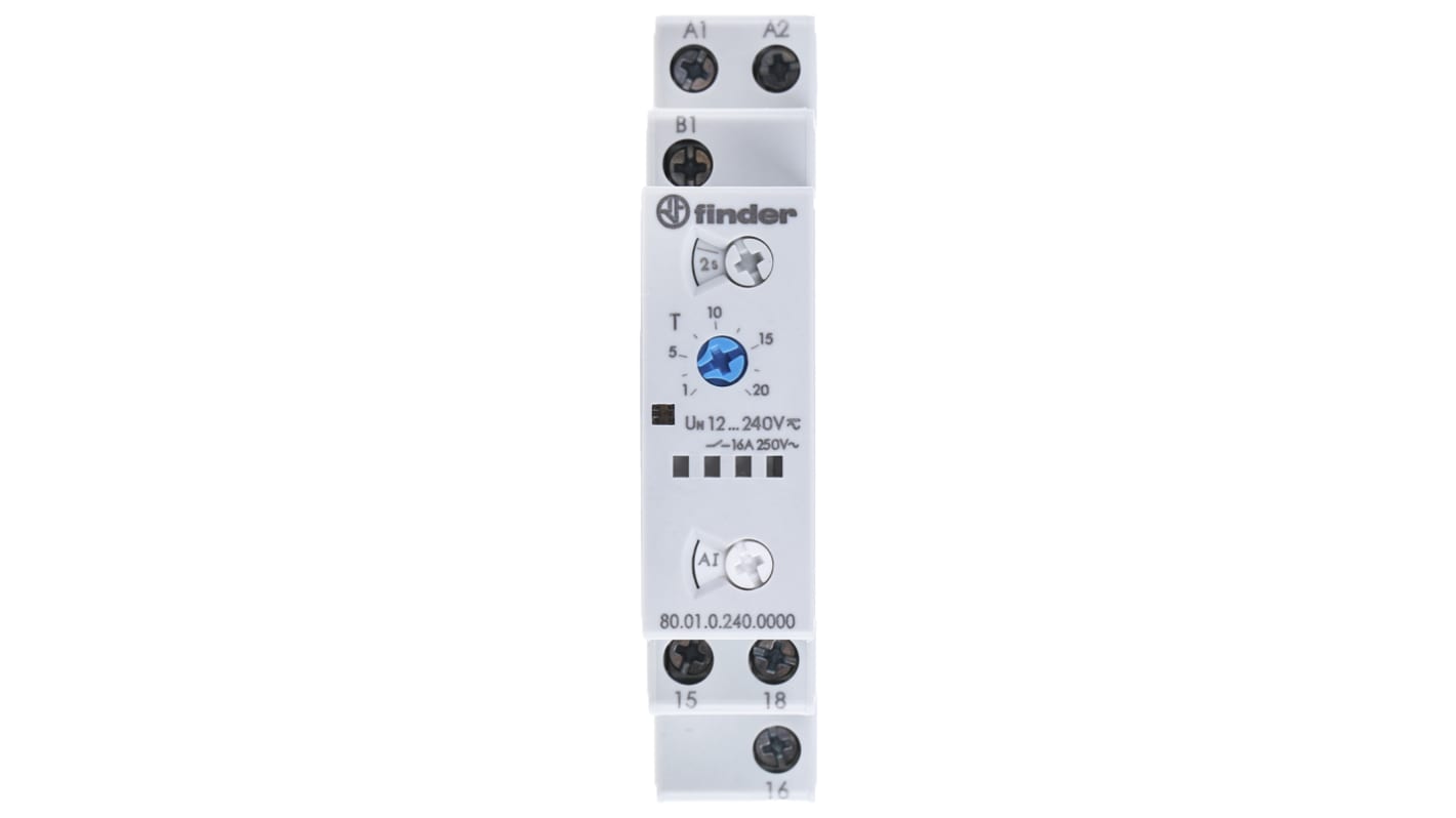 Finder 80 Series Series DIN Rail Mount Timer Relay, 12 → 240V ac/dc, 1-Contact, 0.1 → 20 min, 0.1