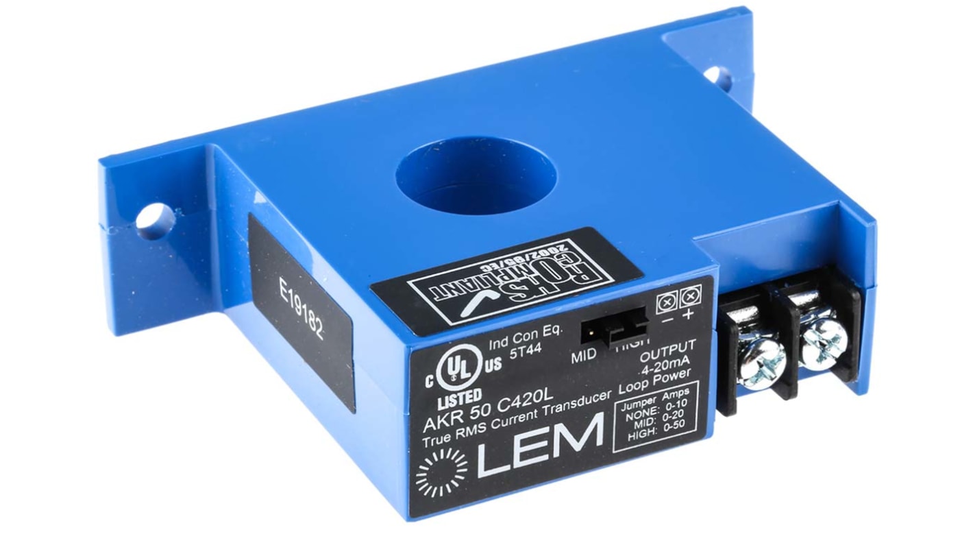 LEM 电流互感器, 50A输入, 4 → 20 毫安输出, 电流比50:1, 24 V 直流，150 V 交流电源, 面板安装, 19mm孔, AKR系列
