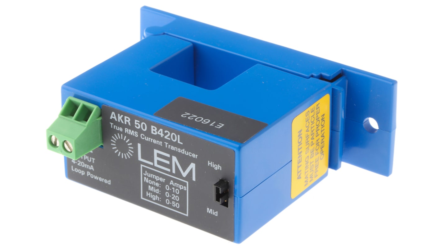 LEM 电流互感器, 50A输入, 4 → 20 毫安输出, 电流比50:1, 24 V 直流，150 V 交流电源, 面板安装, 21.7mm孔, AKR系列
