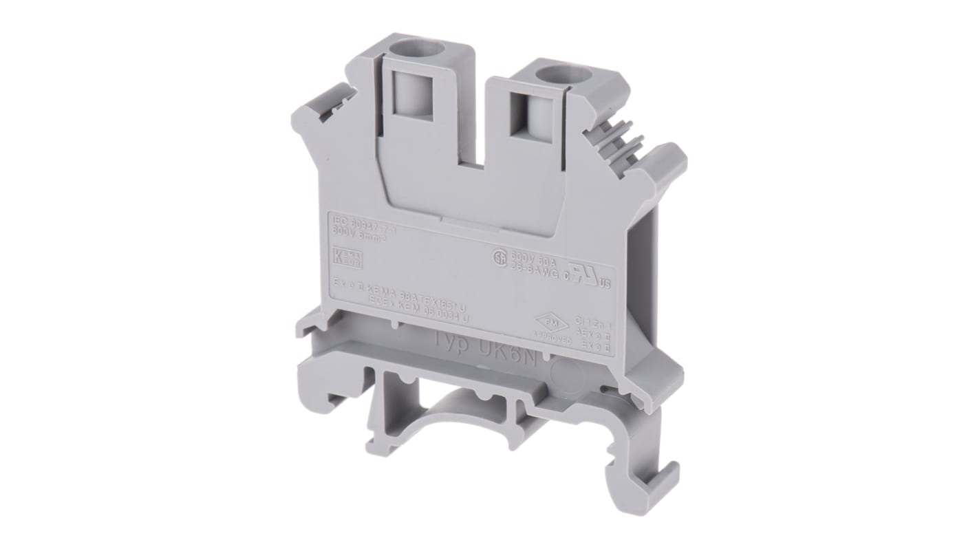 Phoenix Contact 3004524 UK 6 N Series Grey, 0.2 → 6mm², Single-Level, Screw Termination, ATEX