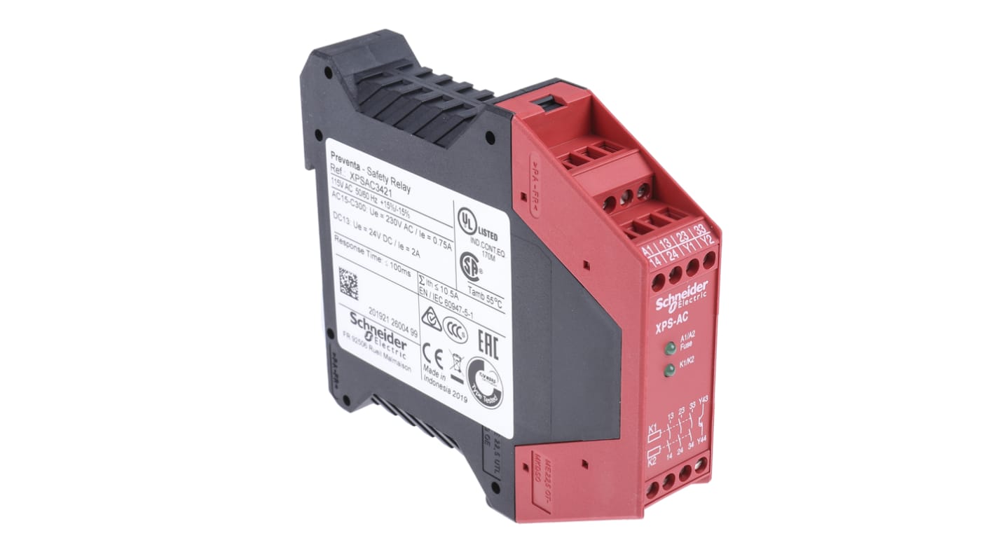Schneider Electric Emergency Stop Safety Relay, 115V ac, 3 Safety Contacts