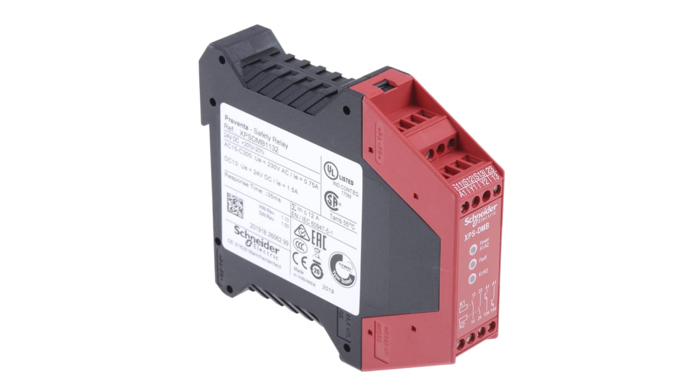 Schneider Electric Preventa XPS DM 2 Auxiliary Contacts Safety Relay 24V dc, Single/Dual-Channel 2 Safety Contacts