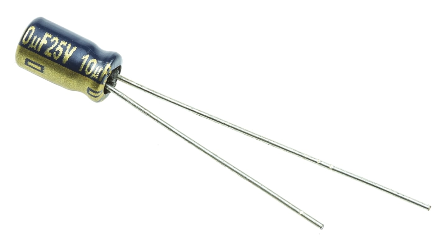 Panasonic 直插铝电解电容, 10μF, 25V 直流, 4 (Dia.) x 7mm, 最高+105°C, FC Radial系列