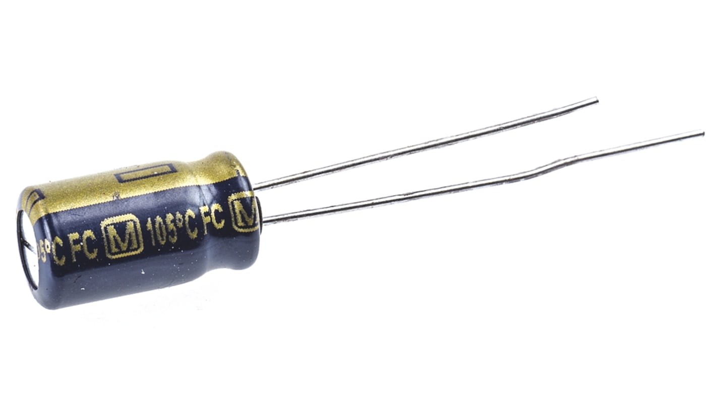 Condensatore elettrolitico Panasonic, serie FC-A, 100μF, 25V cc, ±20%, +105°C, Radiale, Foro passante