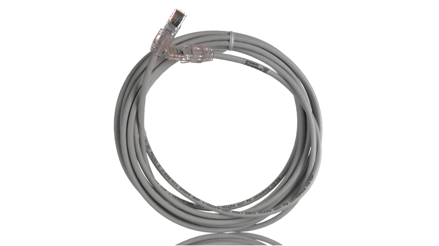 Cavo Ethernet Cat5e (U/UTP) Molex Premise Networks, guaina in PVC col. Grigio, L. 5m, Con terminazione