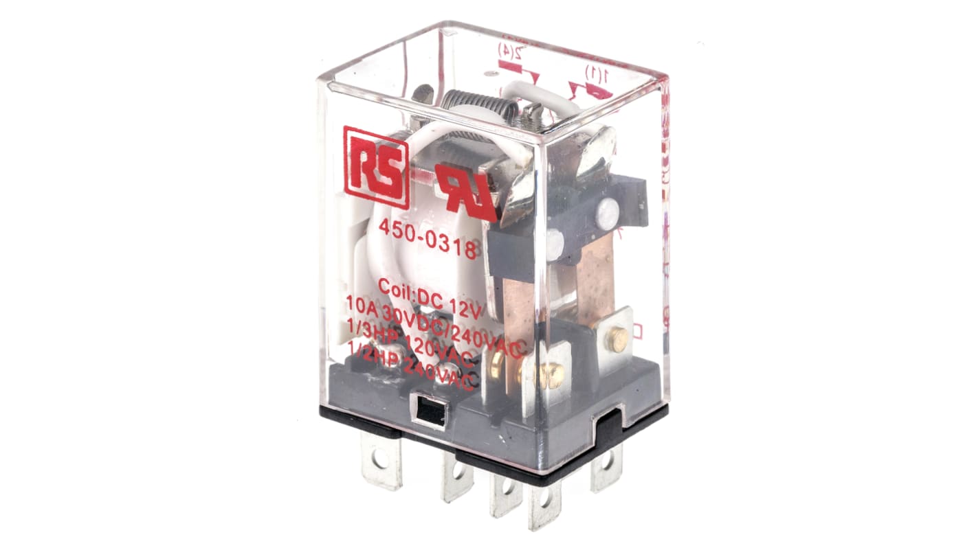 RS PRO Plug In Power Relay, 12V dc Coil, 10A Switching Current, DPDT