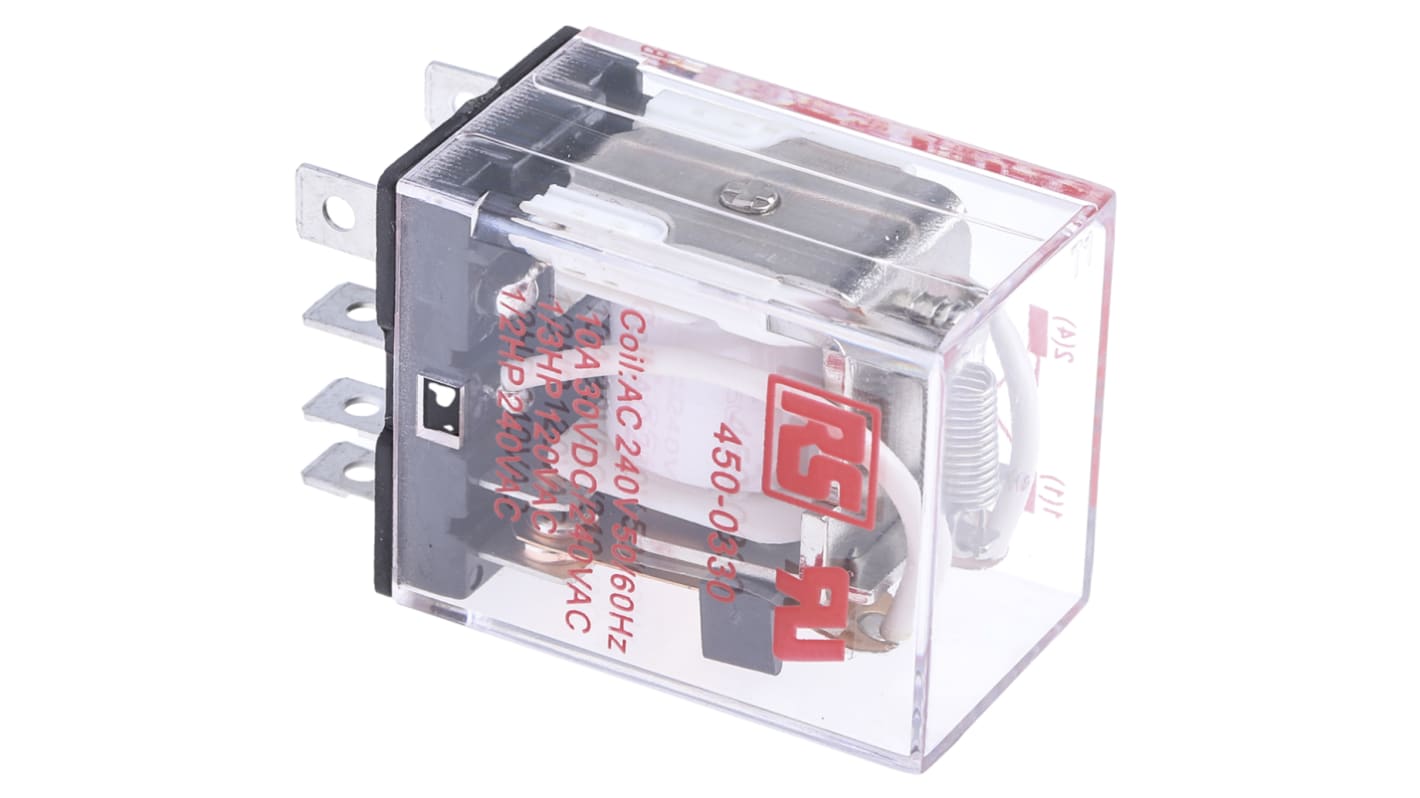 RS PRO Plug In Power Relay, 240V ac Coil, 10A Switching Current, DPDT