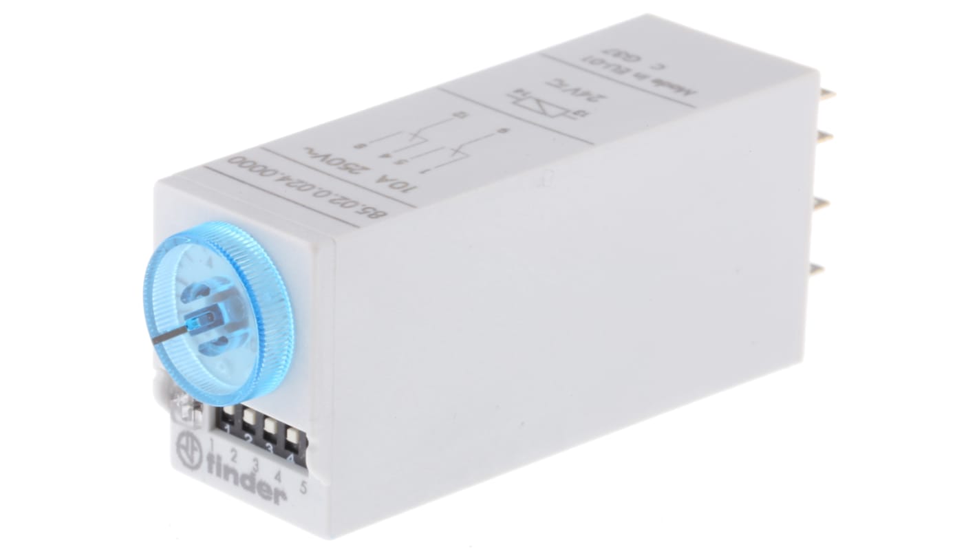 Finder 85 Series Series Snap On Timer Relay, 24V ac/dc, 2-Contact, 0.05 → 100 s, 3 → 100 min, 5 →