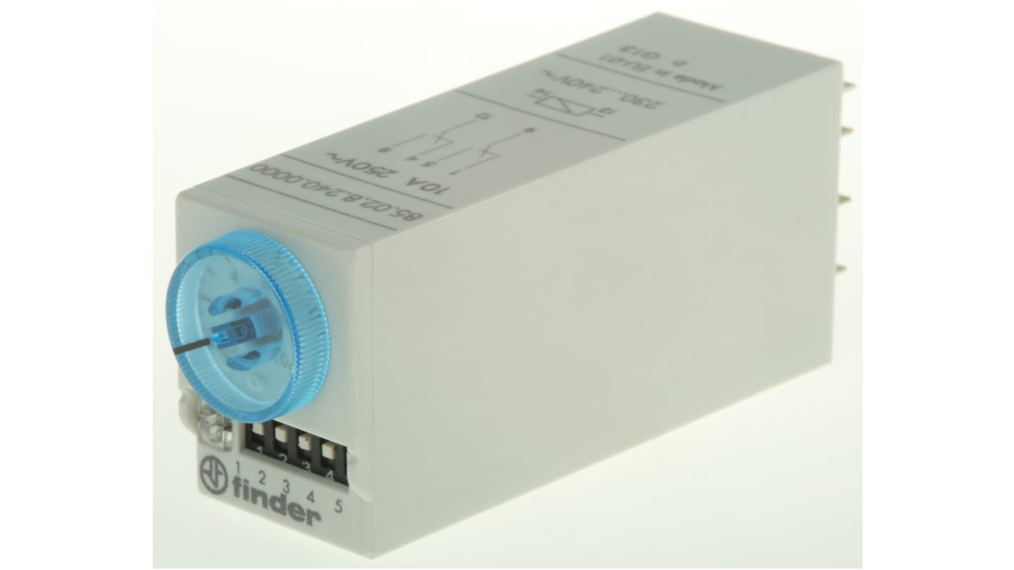 Finder 85 Series Series Snap On Timer Relay, 230 → 240V ac/dc, 2-Contact, 0.05 → 100 s, 3 → 100