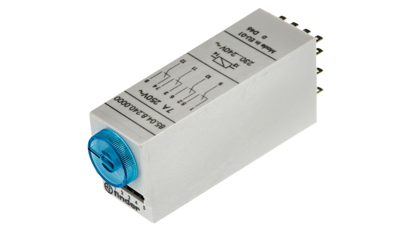 Finder 85 Series Series Plug In Timer Relay, 230V ac, 4-Contact, 0.05 → 100 s, 3 → 100min, 4PDT