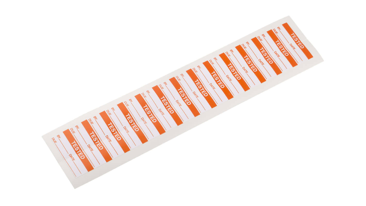 RS PRO Orange Vorbedrucktes, selbstklebendes Etikett: Tested, 16mm x 38mm, 140 Stück