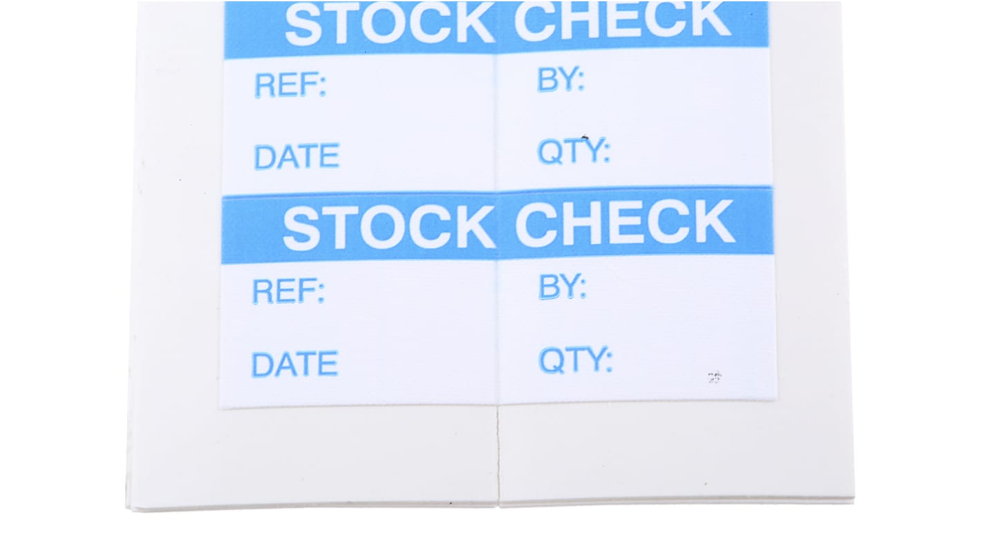 RS PRO 文字标签贴纸, 预印"Stock Check", 蓝色字白色底, 38mm长 x 15mm宽, 140件装