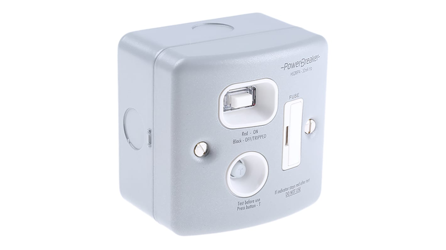 Presa con fusibile Powerbreaker, 13A, intervento 30mA in 40ms, 1 modulo, 2 poli, RCD Passivo, fusibile BS 5733, BS 7288