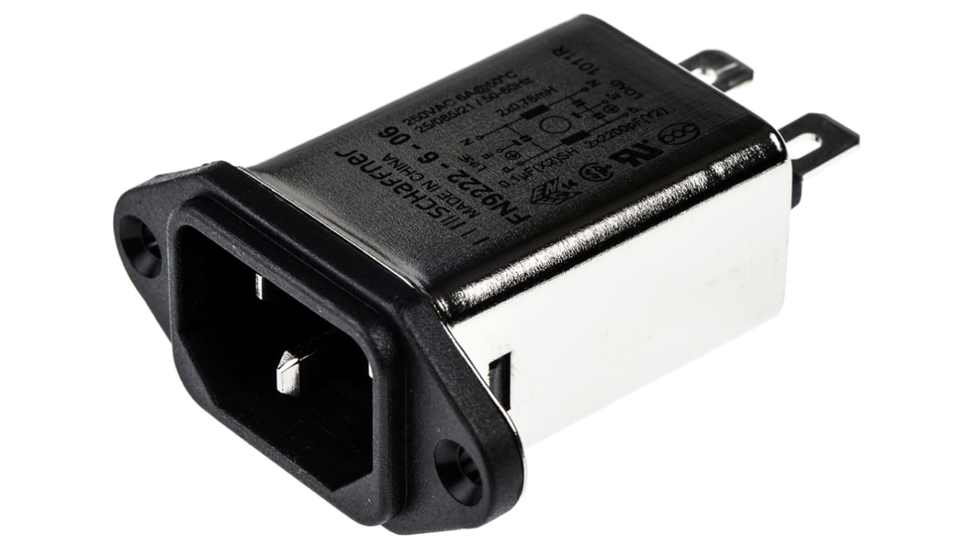 Schaffner 6A, 250 V ac Male Panel Mount IEC Filter FN9222-6-06, Faston None Fuse