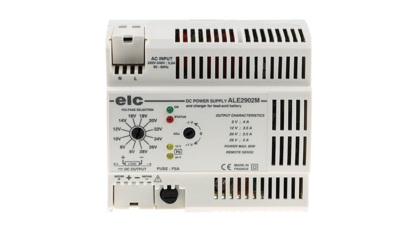 ELC ALE Switched Mode DIN Rail Power Supply, 230V ac ac Input, 5 → 29V dc dc Output, 4A Output, 60W