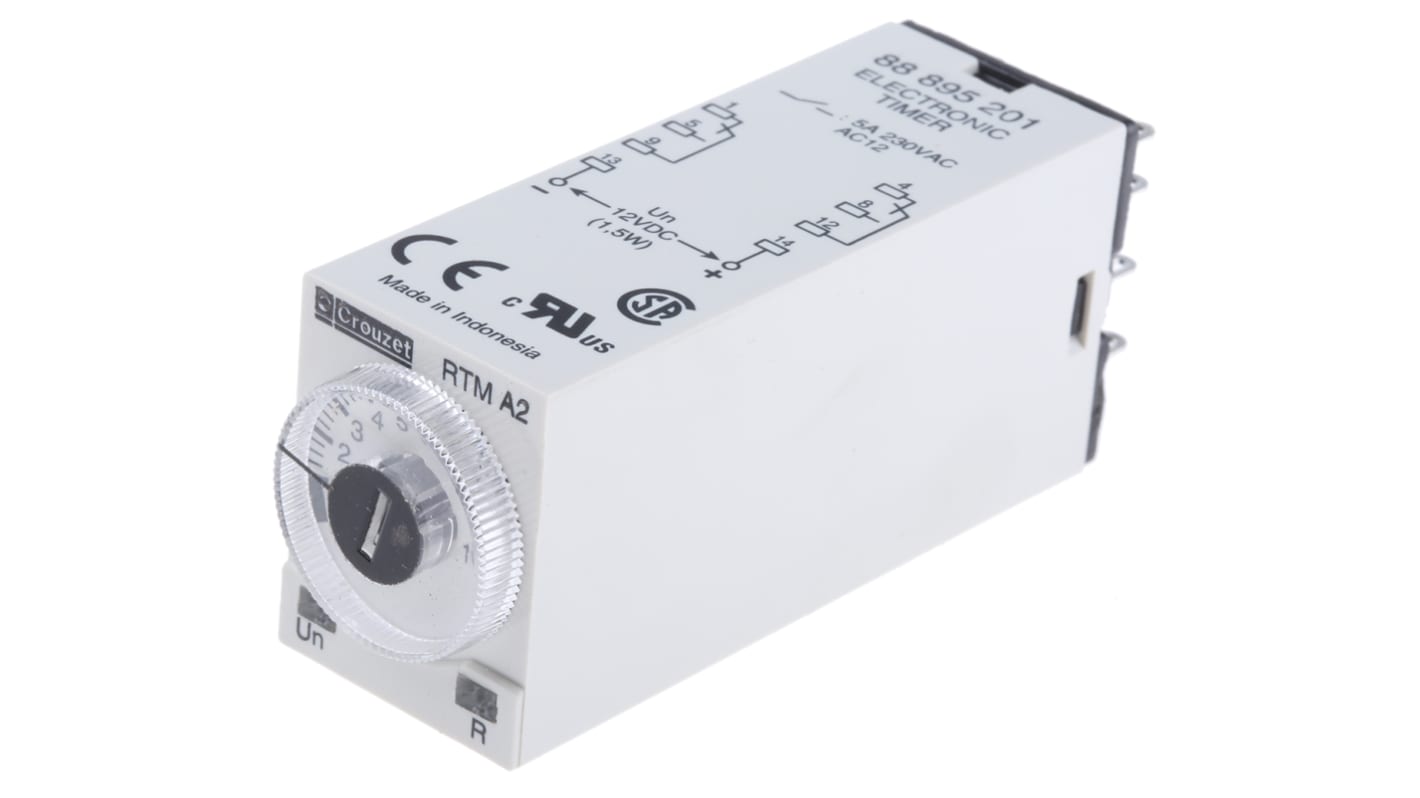 Crouzet 12V dc Timer Relay, 1 timerfunktion DIN-skinne