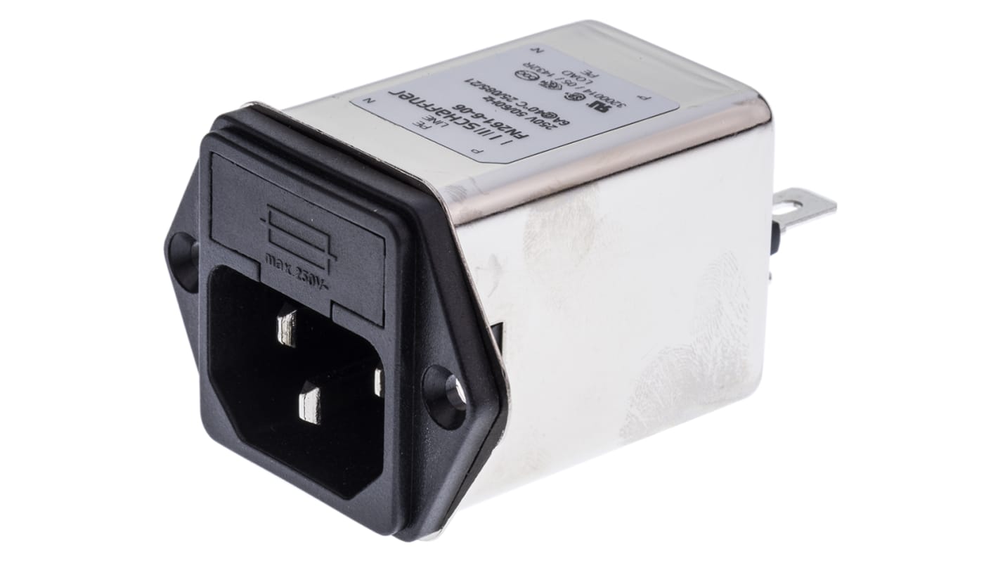 Schaffner 6A, 250 V ac Male Panel Mount IEC Filter FN261-6-06, Faston 1 Fuse