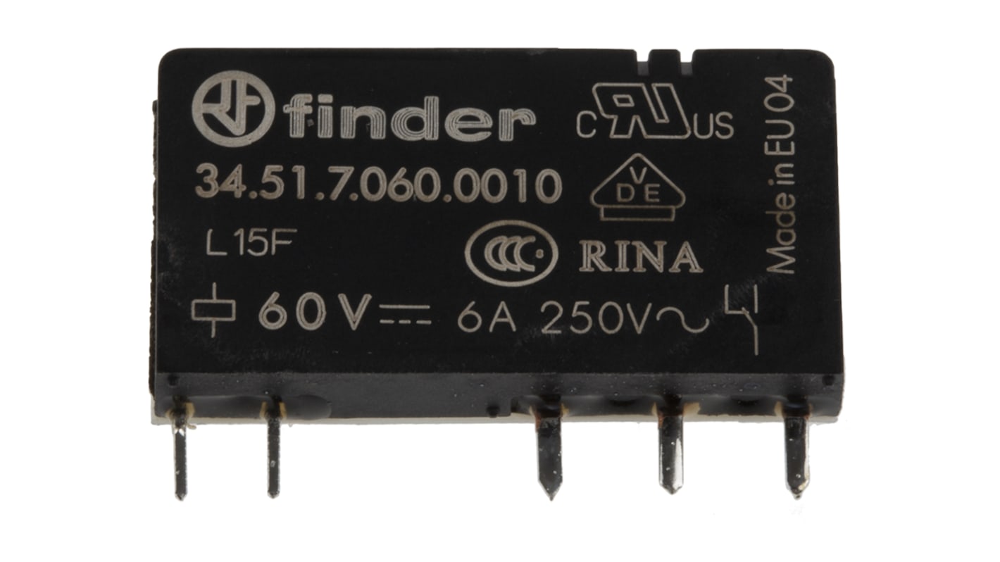 Finder 继电器, 60V 直流线圈, 6A切换, SPDT, 1极, PCB安装, 银合金触点, 34 Series系列