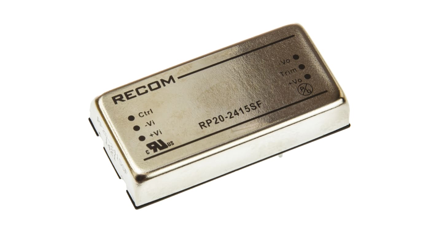 Recom RP20 F DC-DC Converter, 15V dc/ 1.33A Output, 18 → 36 V dc Input, 20W, Through Hole, +85°C Max Temp -40°C