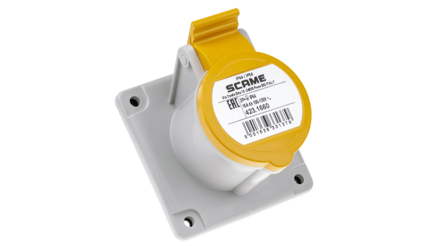 Scame 16A工业连接器插座, 2P + E, 110 V, IP44, 黄色, 面板安装