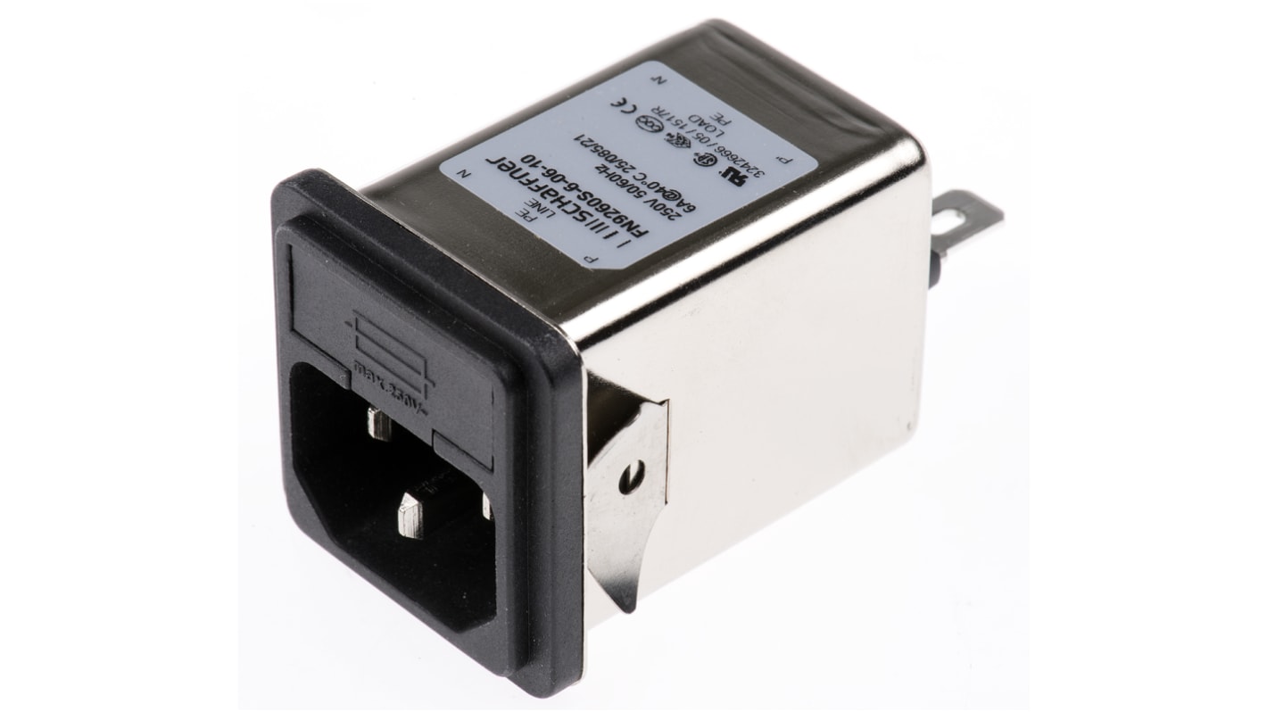 Schaffner IEC規格 IEC / EN 60939 IECフィルタ, 6A 250 V ac スナップイン
