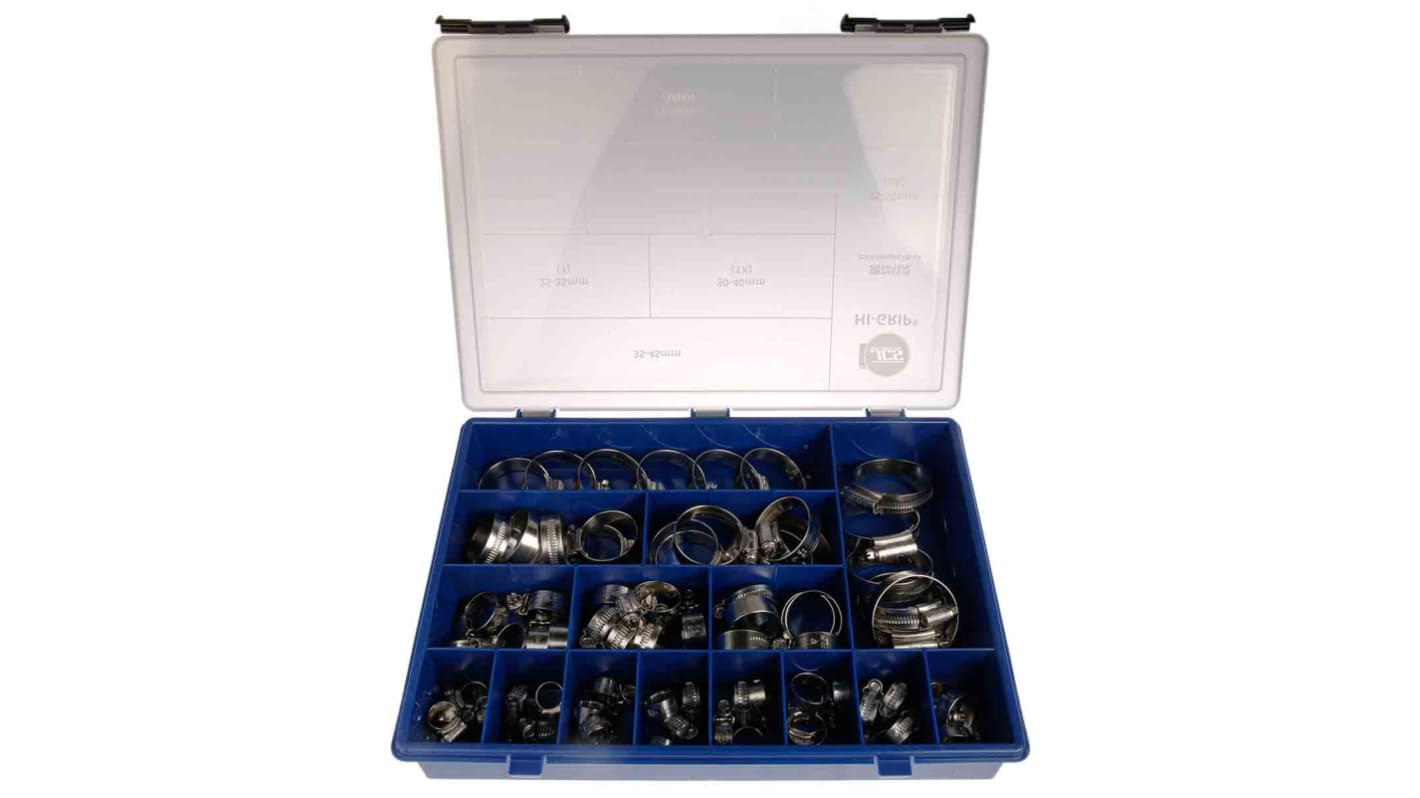 Kit de colliers pour tuyaux HI-GRIP Vis sans fin, Acier Inoxydable A2 304, 76 Pieces / 10 tailles , plage de 9.5mm à