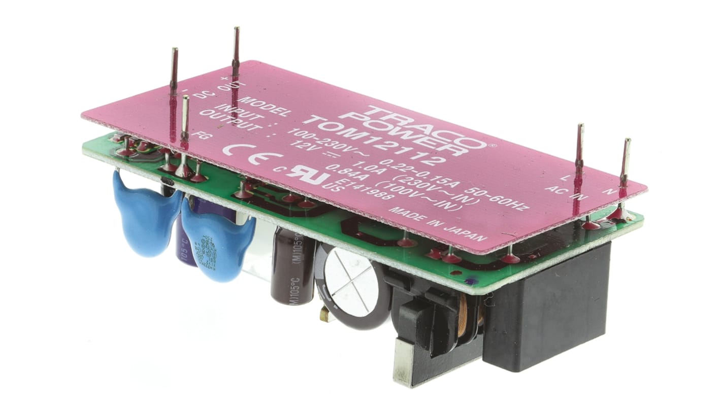 TRACOPOWER Embedded Switch Mode Power Supply SMPS, TOM 12112, 12V dc, 1 A, 840 mA, 12W, 1 Output, 85 → 264V ac