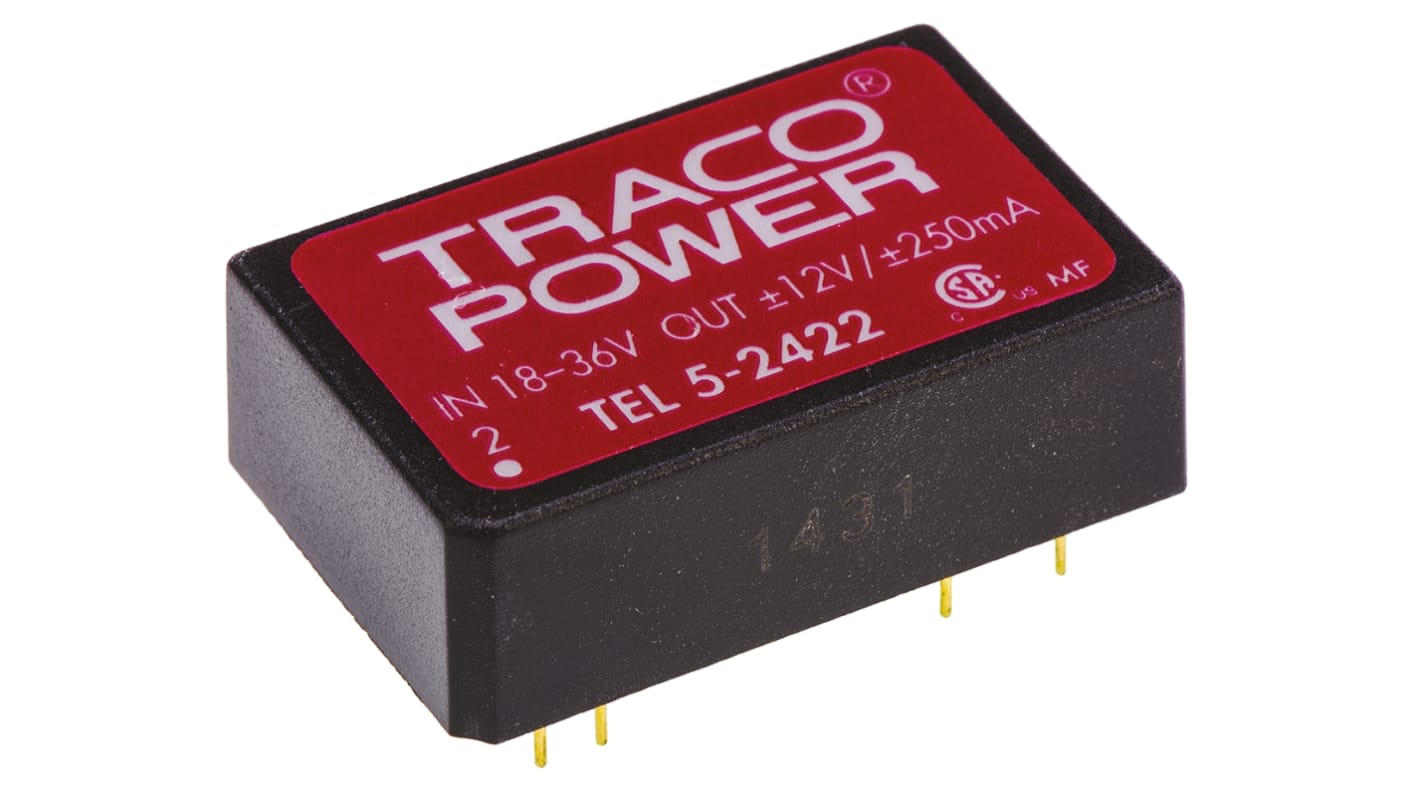 TRACOPOWER TEL 5 DC-DC Converter, ±12V dc/ ±250mA Output, 18 → 36 V dc Input, 5W, Through Hole, +85°C Max Temp