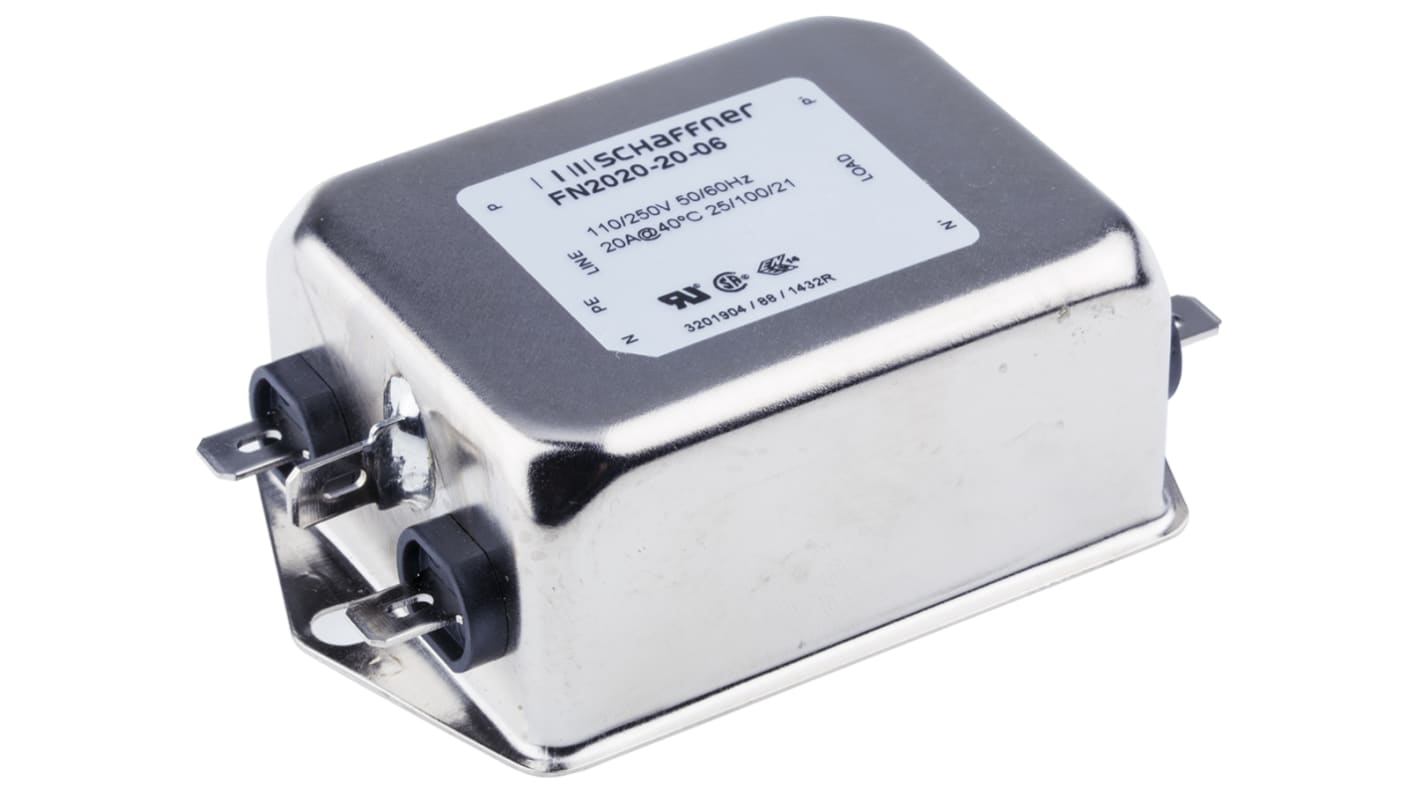 Schaffner 单相EMI滤波器, 20A, 250 V 交流/直流, 400Hz, 底盘安装, Fast-On接端, 一阶, FN2020系列