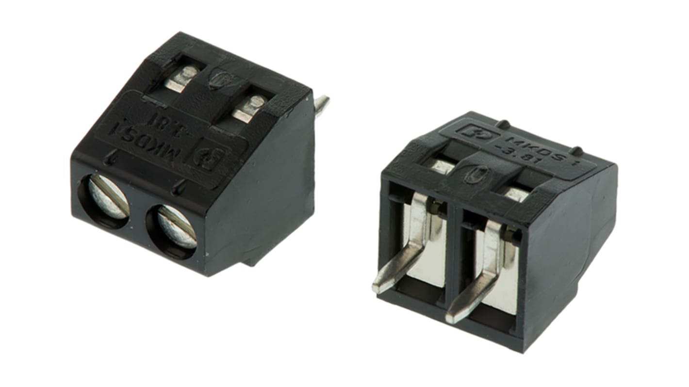 Phoenix Contact MKDS 1/ 2-3.81 HT BK Series PCB Terminal Block, 2-Contact, 3.81mm Pitch, Through Hole Mount, 1-Row,