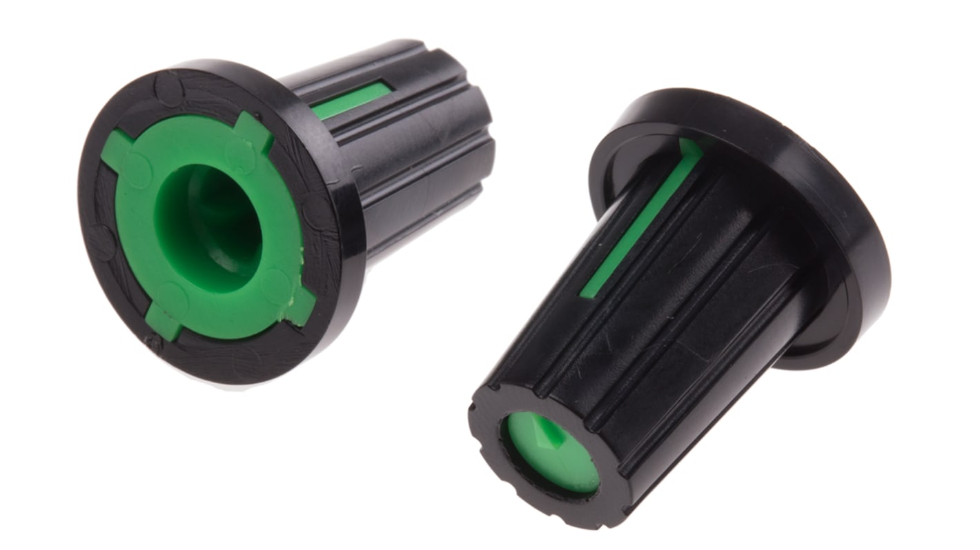 Mando de potenciómetro RS PRO 15.3mm, eje 6mm, diámetro 17mm, Color Negro, indicador Verde Con forma de D