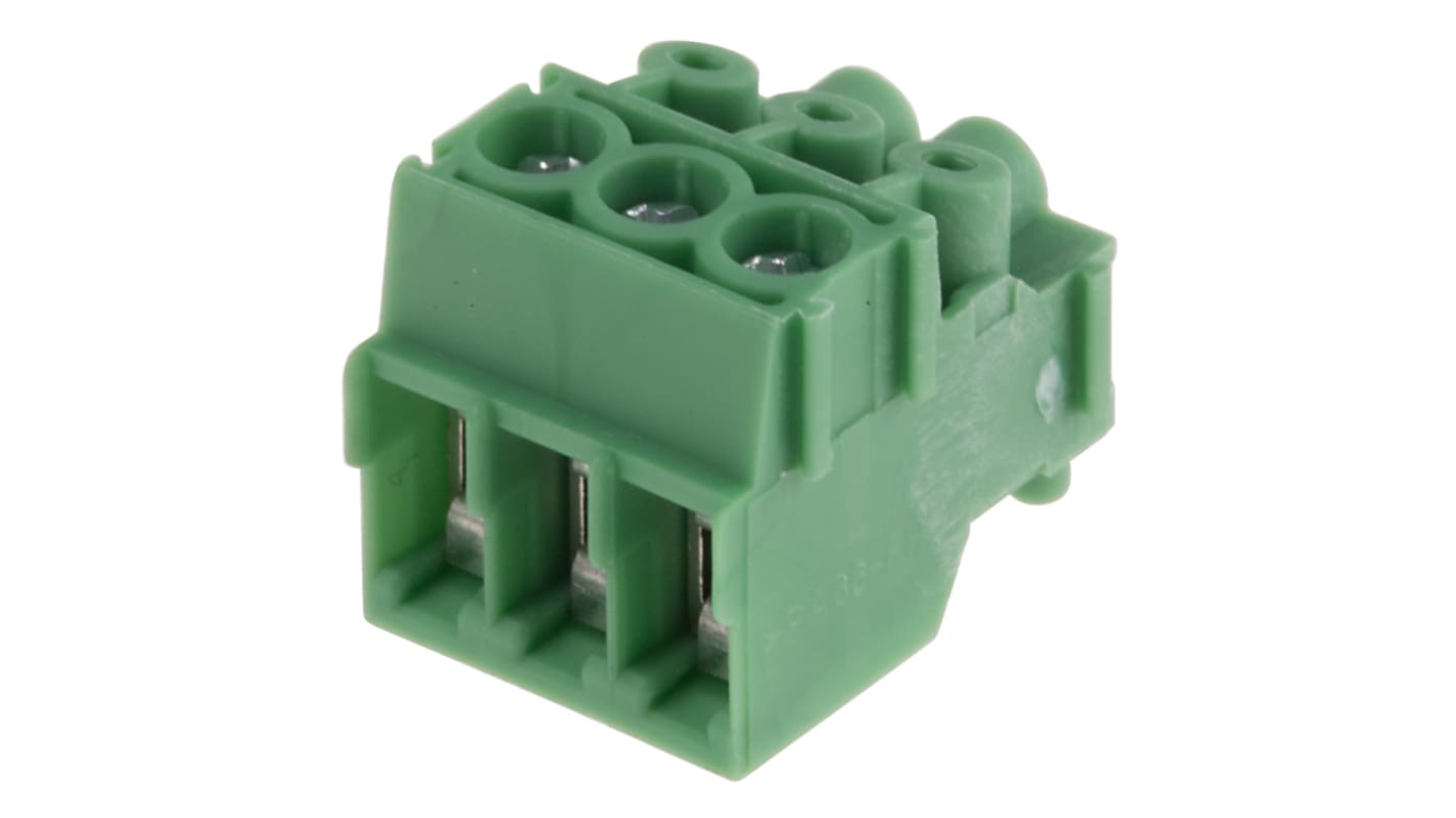 Phoenix Contact, 3.5mm Pitch, PT 1.5/ 3-PVH-3.5, 3 Way, Pluggable Terminal Block, Plug, Cable Mount, Screw Termination,